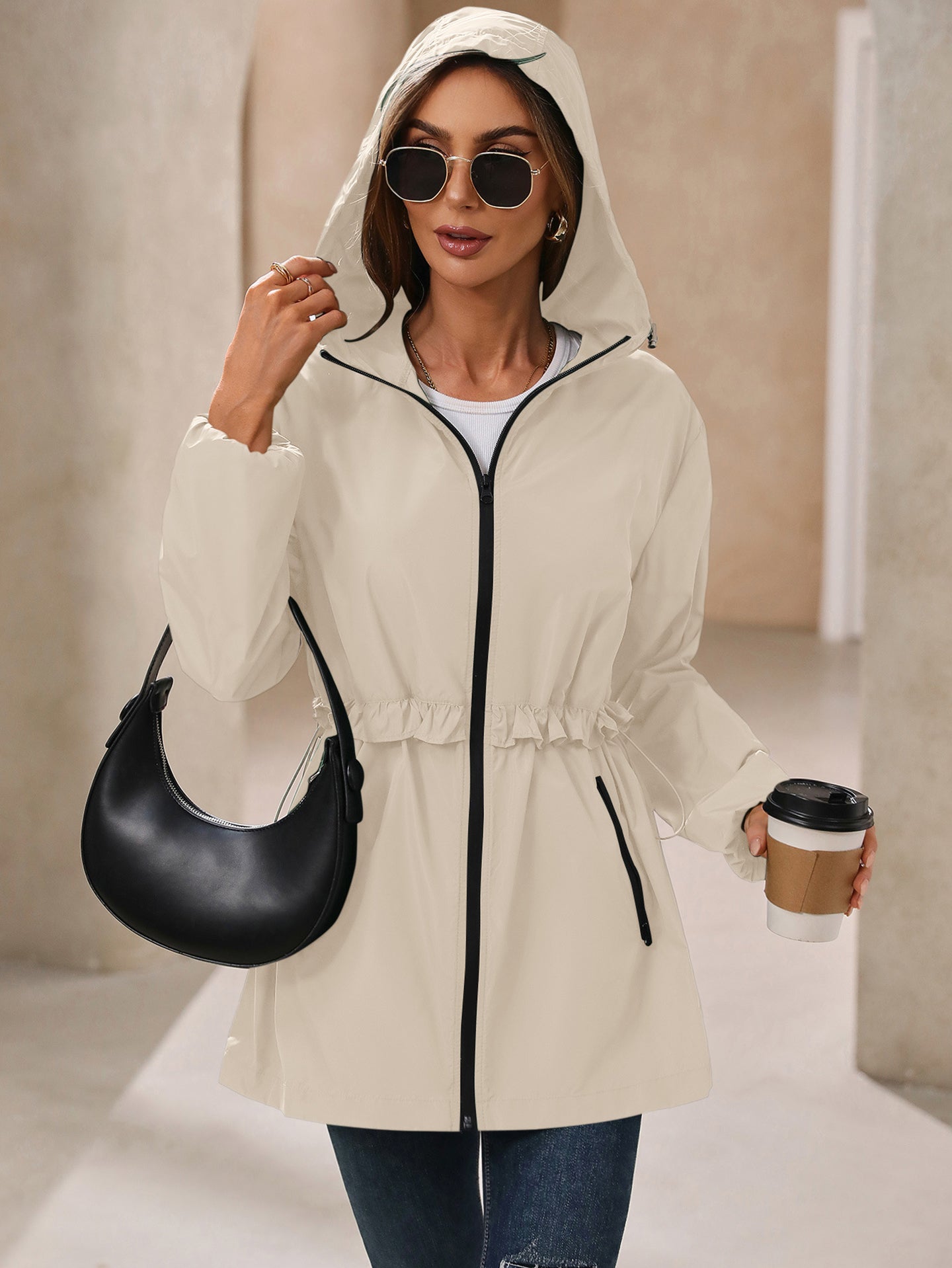 Beige Hooded Long Sleeves Shrug