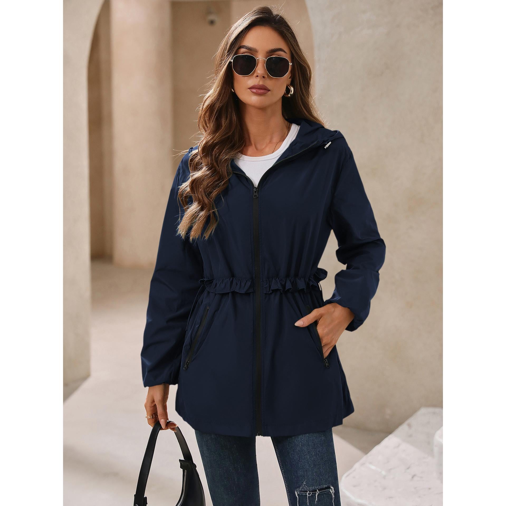 Navy Blue Hooded Open Front Shrug