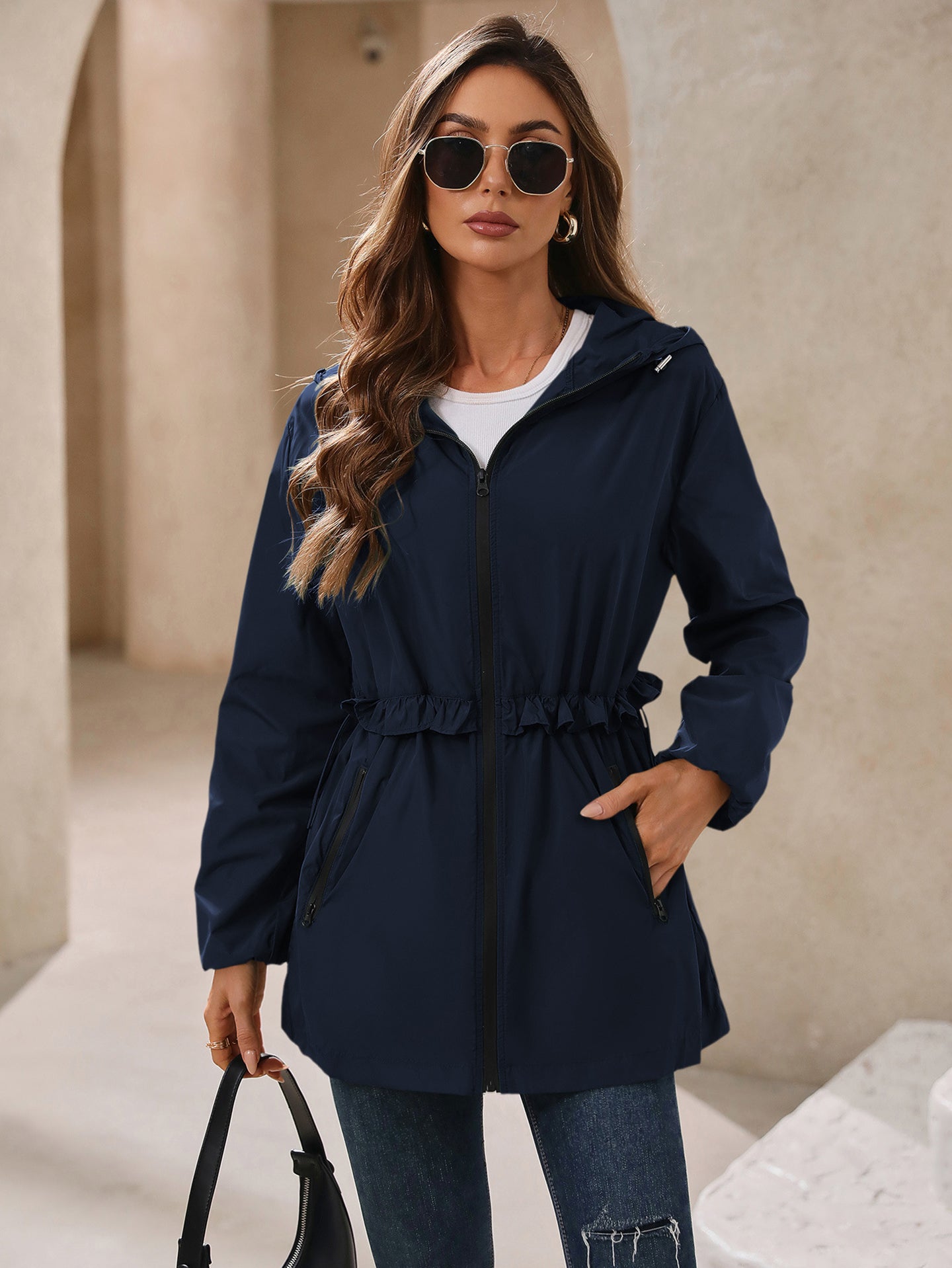 Navy Blue Hooded Open Front Shrug