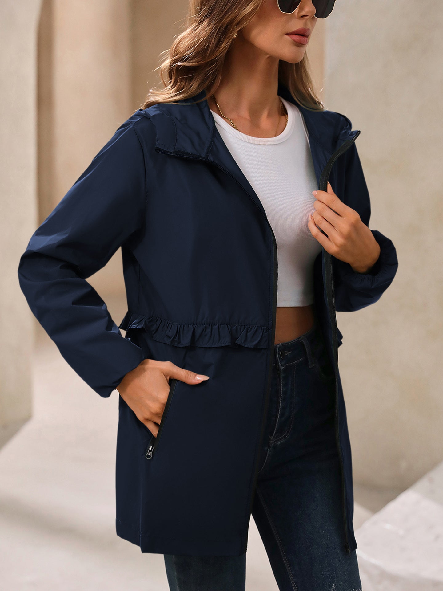 Navy Blue Hooded Open Front Shrug