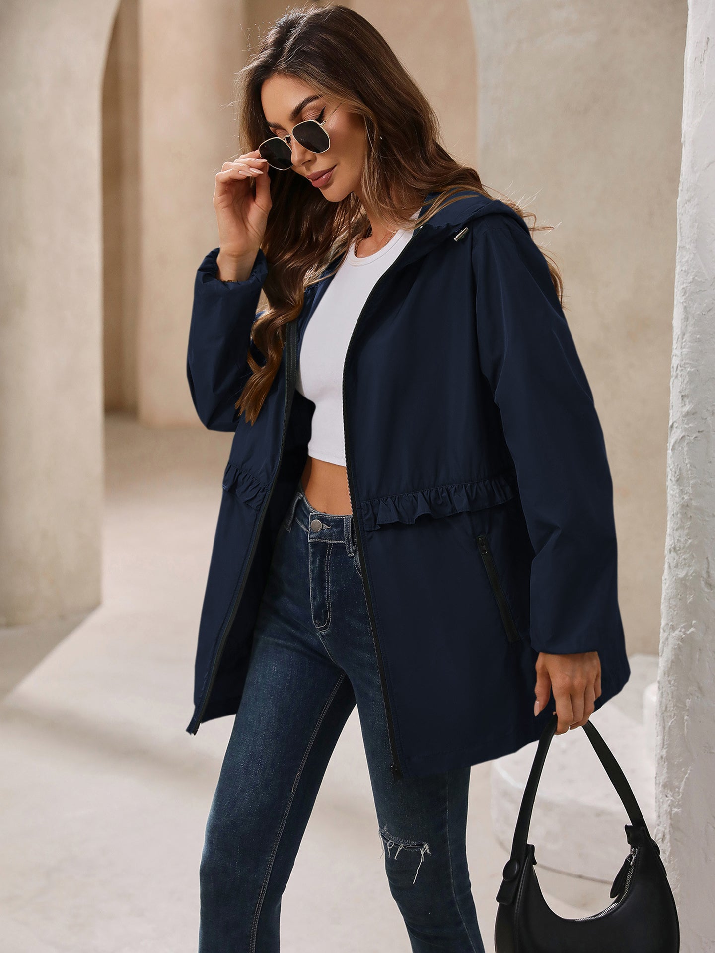 Navy Blue Hooded Open Front Shrug