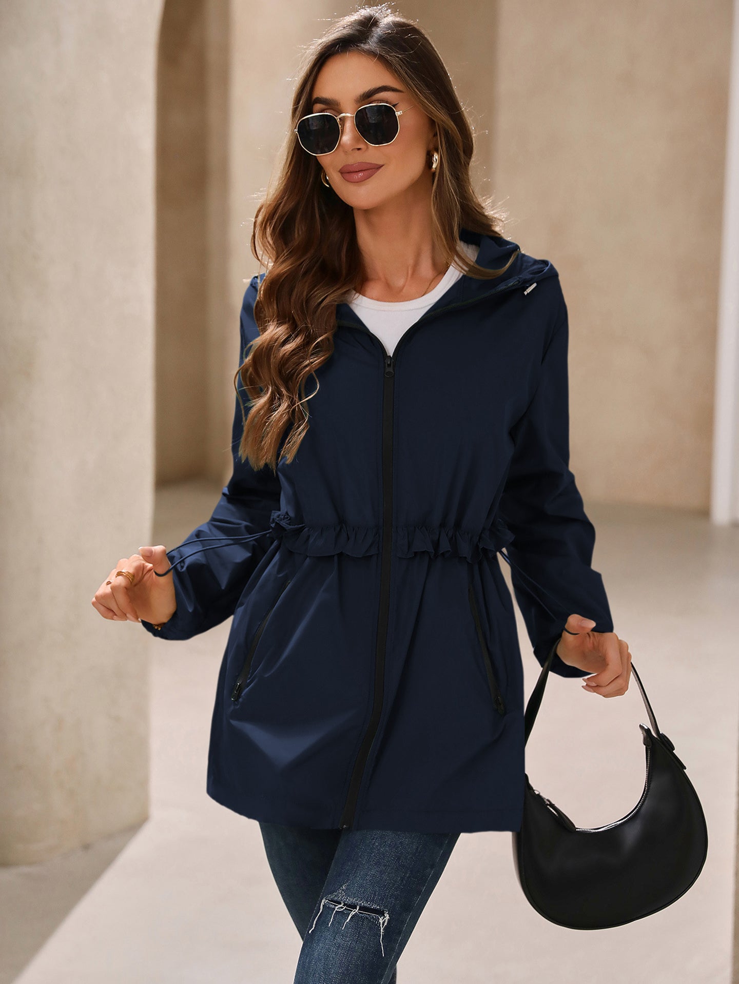 Navy Blue Hooded Open Front Shrug