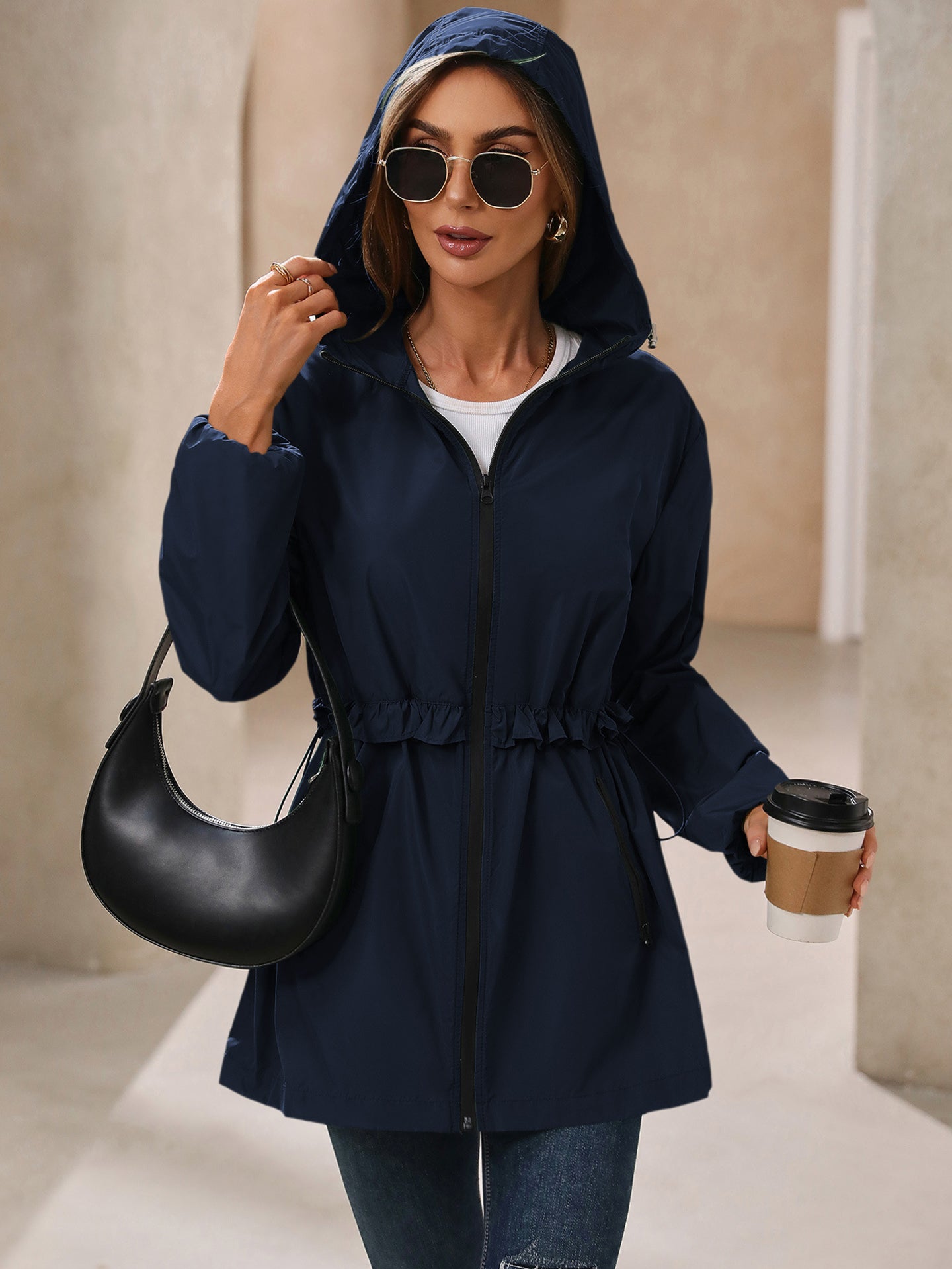 Navy Blue Hooded Open Front Shrug
