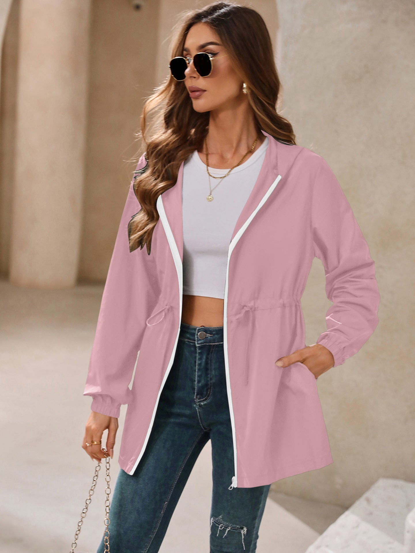 Pink Hooded Long Sleeves Shrug