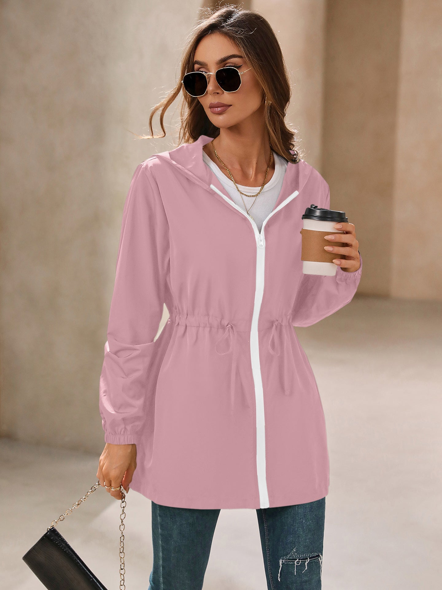 Pink Hooded Long Sleeves Shrug