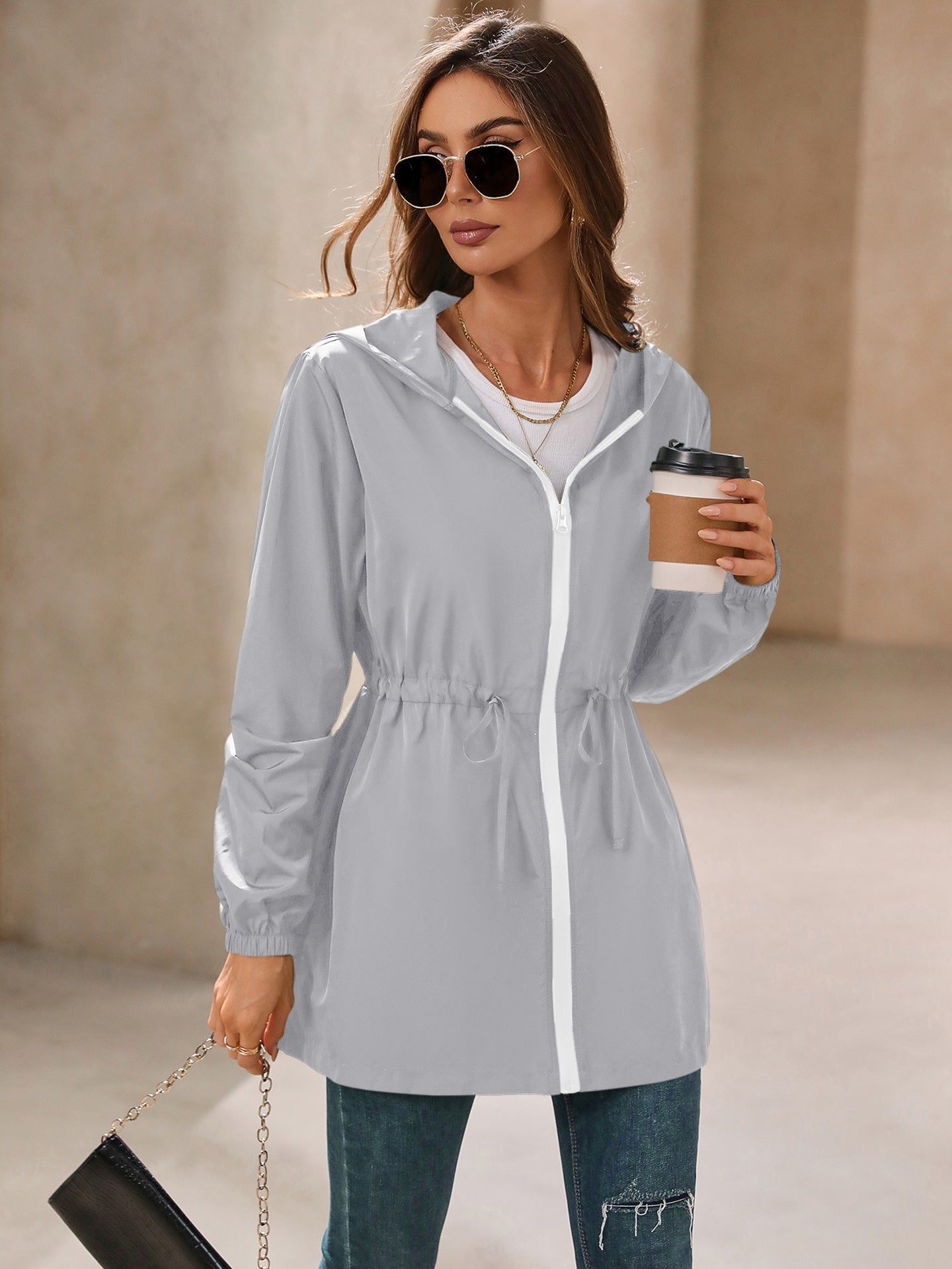 Grey Hooded Long Sleeves Shrug