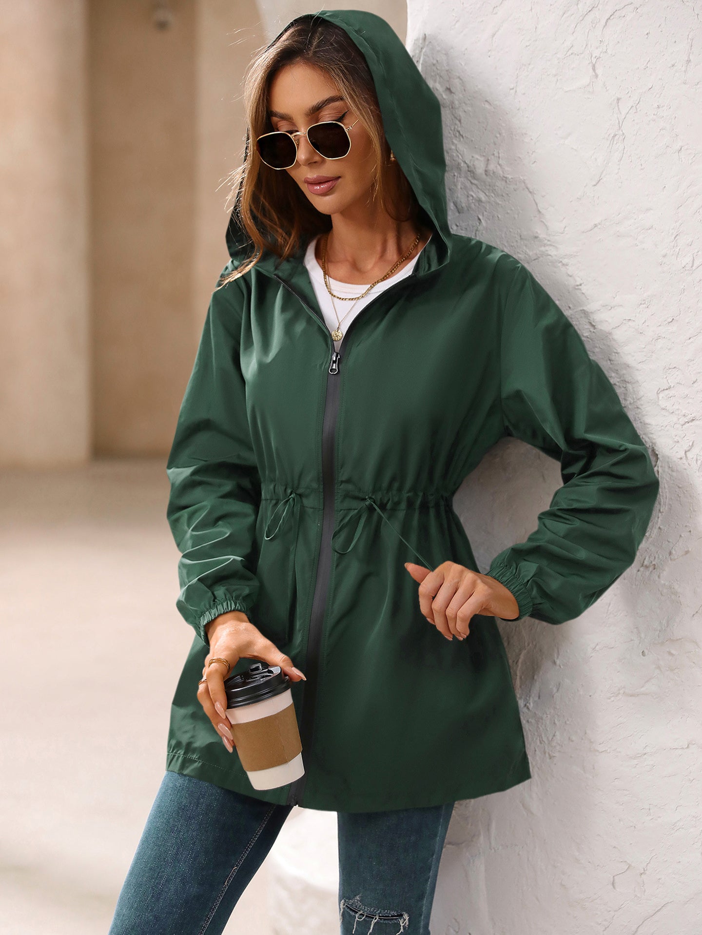 Green Hooded Long Sleeves Shrug