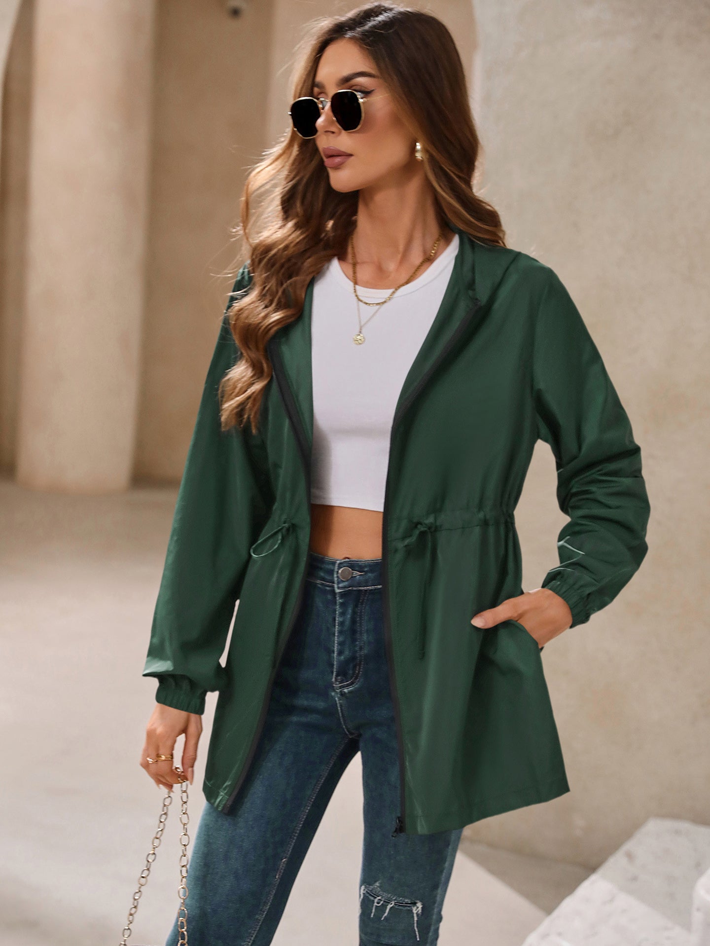Green Hooded Long Sleeves Shrug