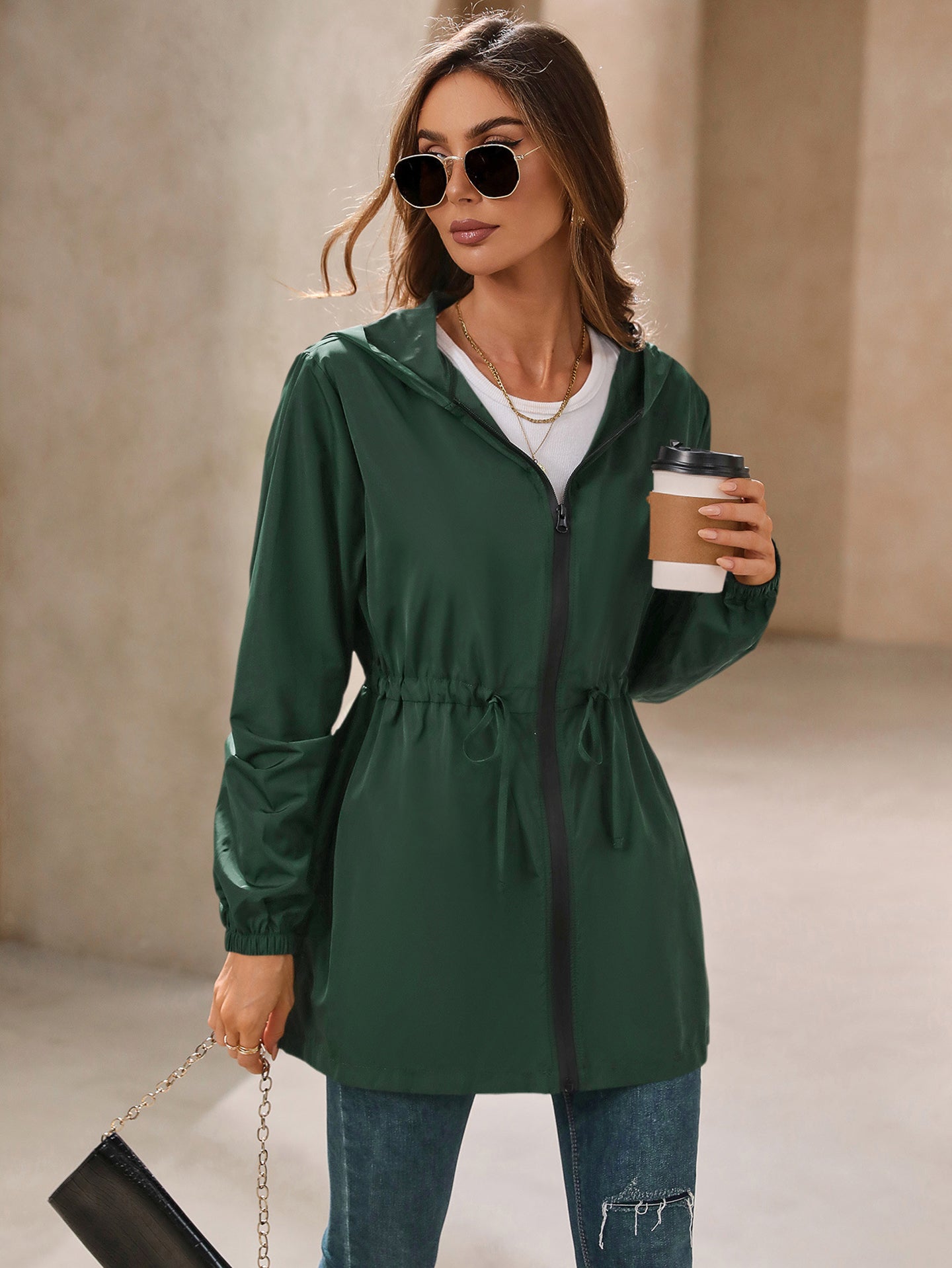 Green Hooded Long Sleeves Shrug