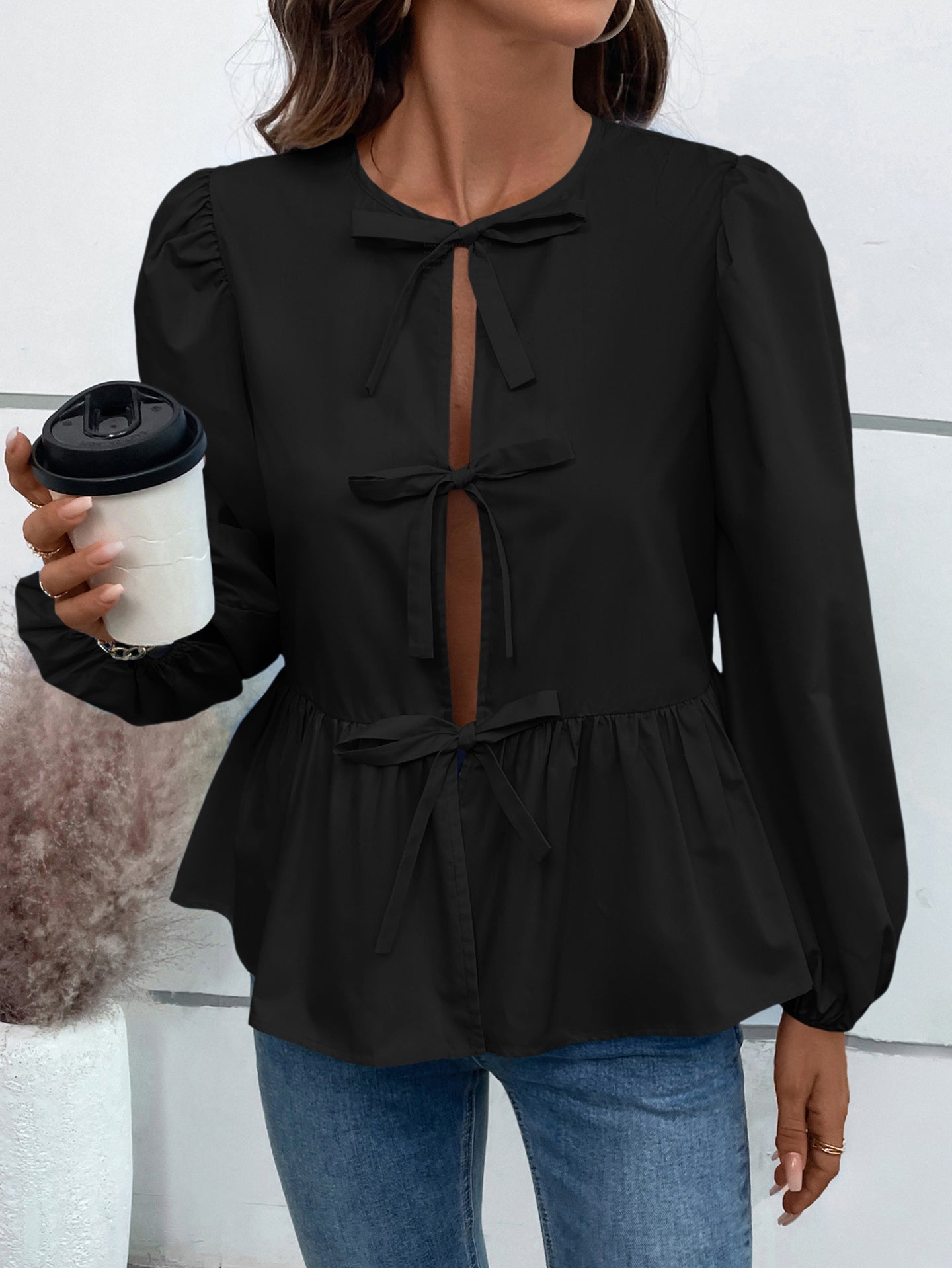 Women Solid Tie-Up Neck Top