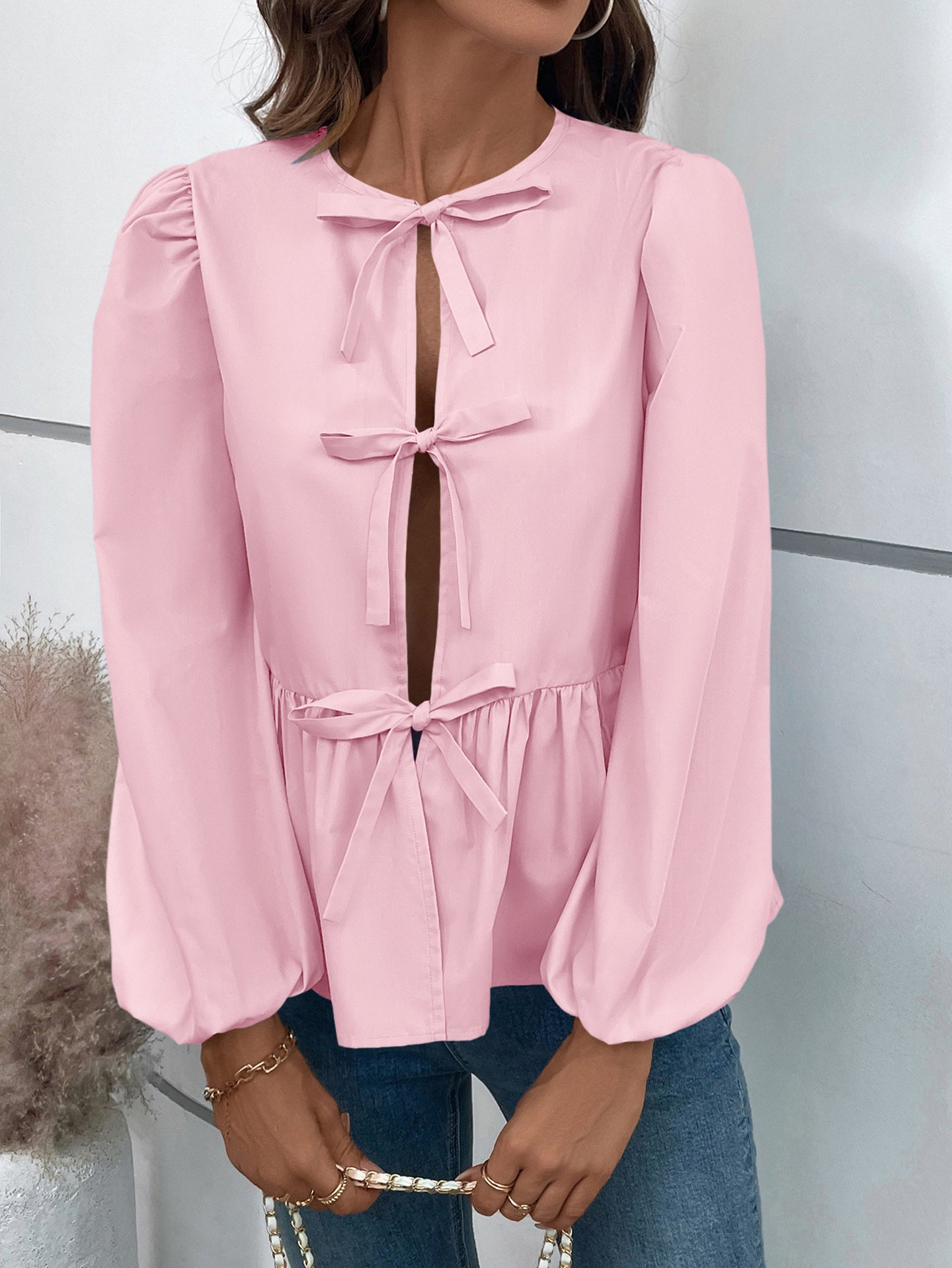 Women Solid Tie-Up Neck Top