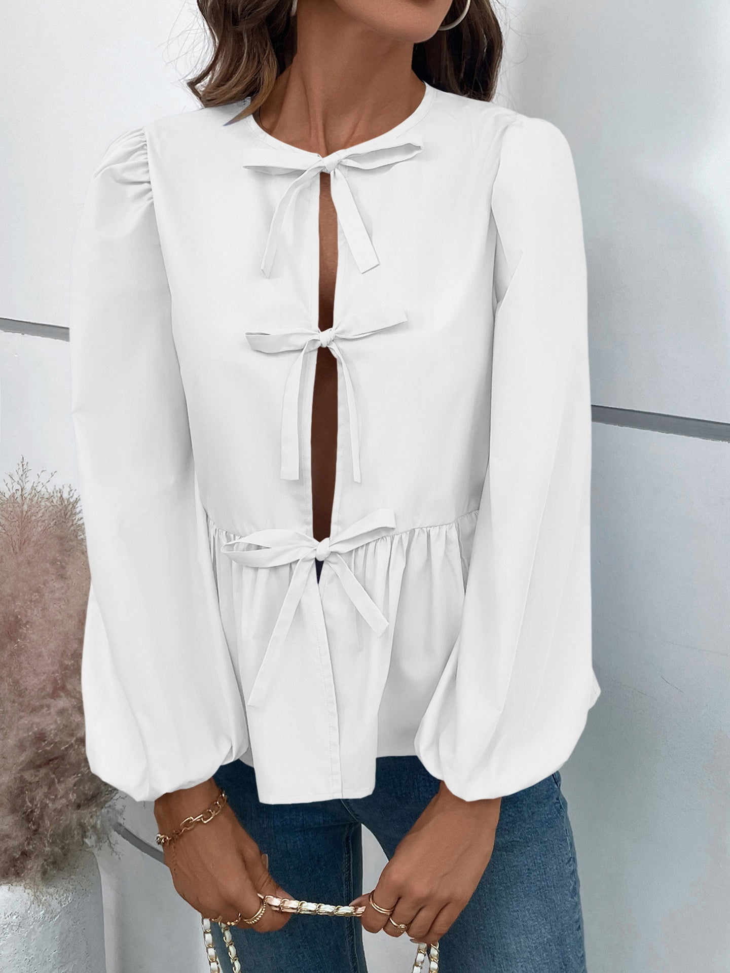 Women Solid Tie-Up Neck Top