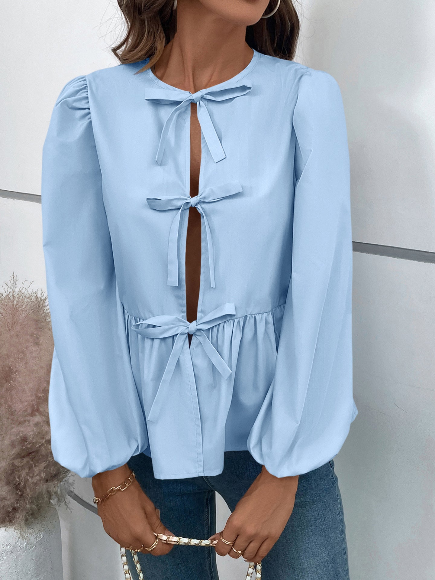 Women Solid Tie-Up Neck Top