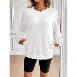 Women Solid Pullover Ribbed Casual Sweatshirt