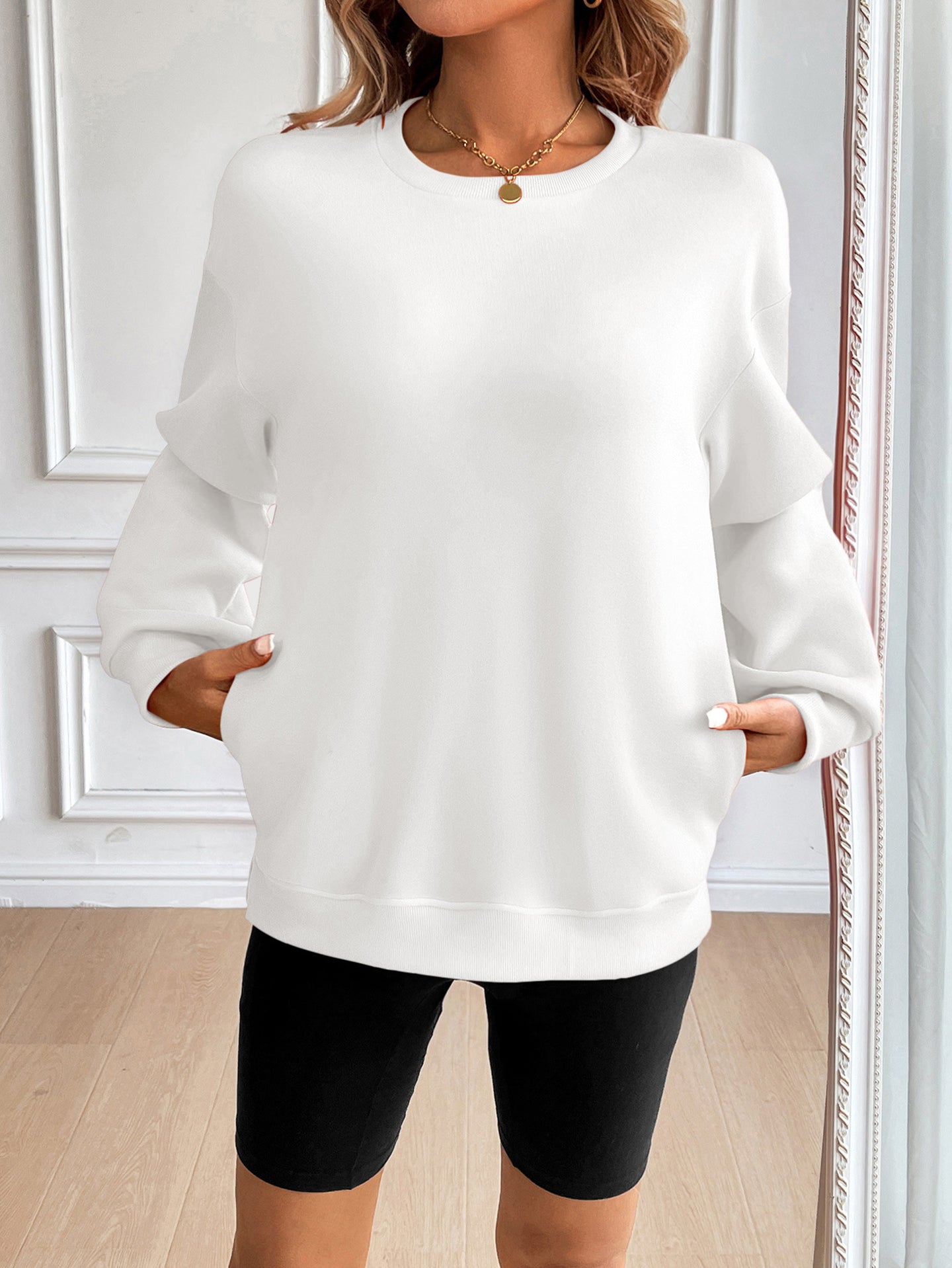 Women Solid Pullover Ribbed Casual Sweatshirt