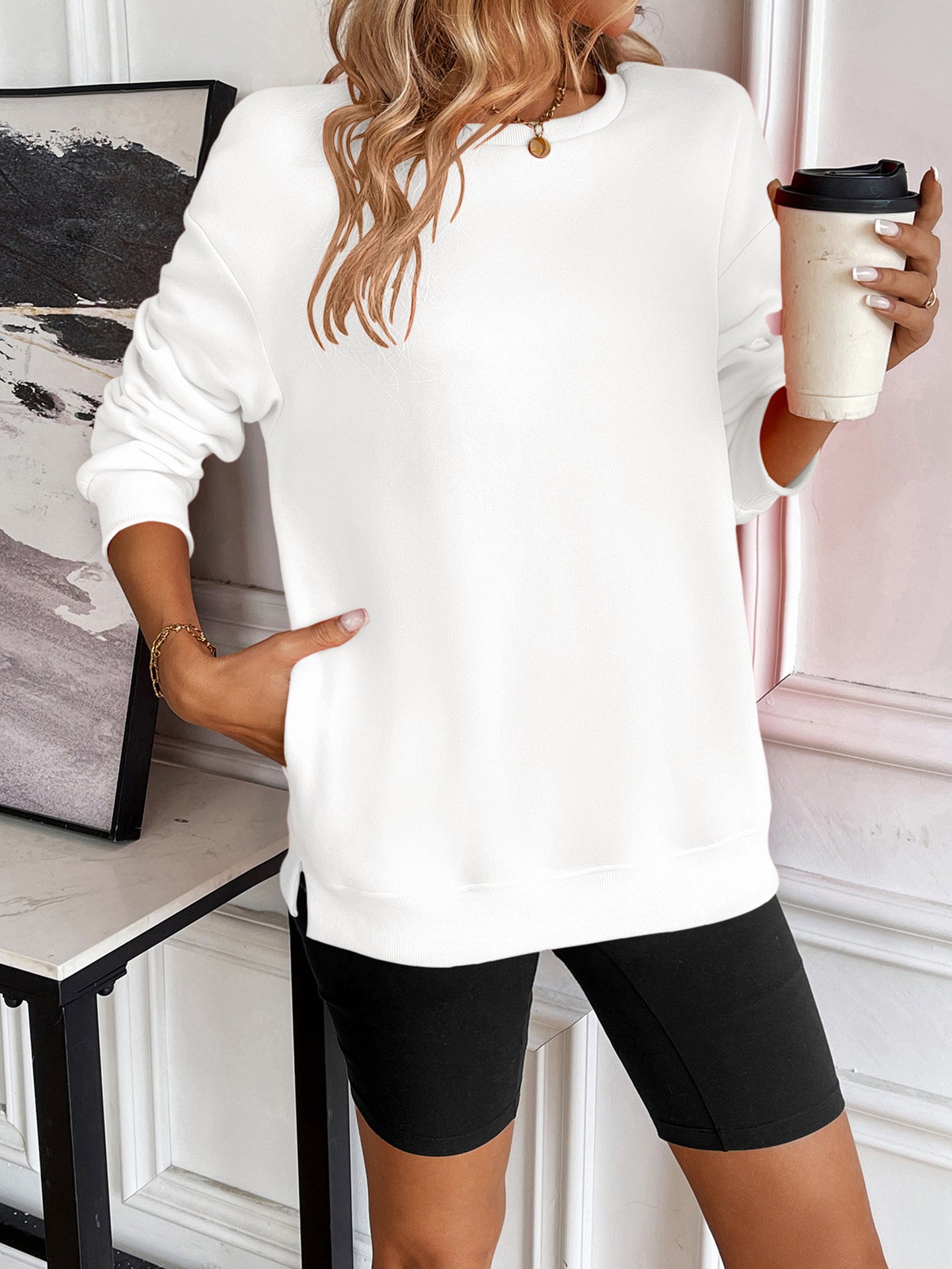 Women Solid Pullover Ribbed Casual Sweatshirt