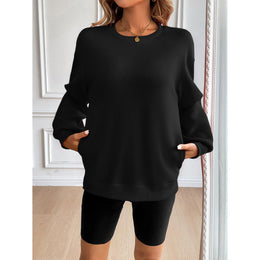 Women Solid Pullover Ribbed Casual Sweatshirt