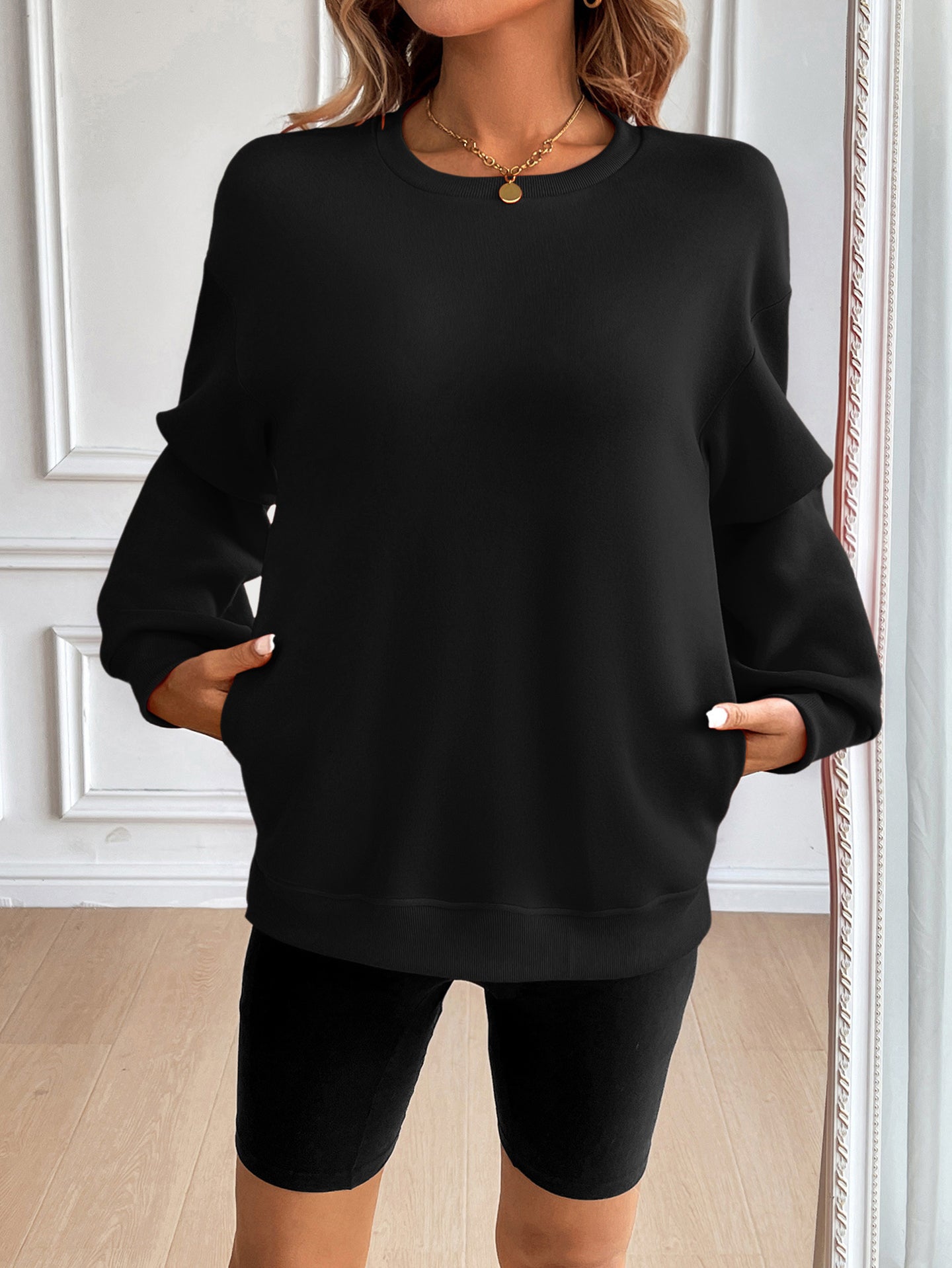Women Solid Pullover Ribbed Casual Sweatshirt
