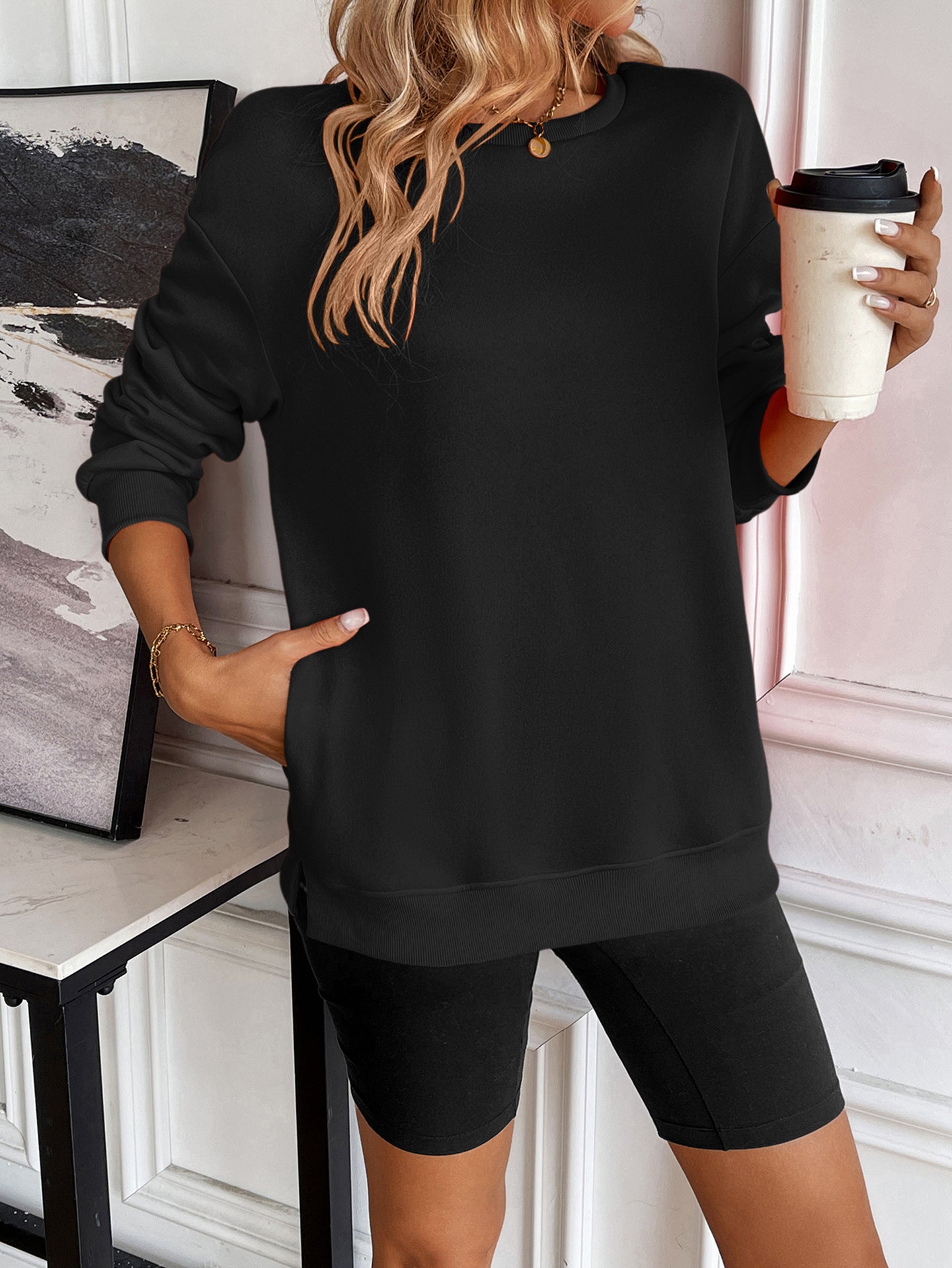 Women Solid Pullover Ribbed Casual Sweatshirt