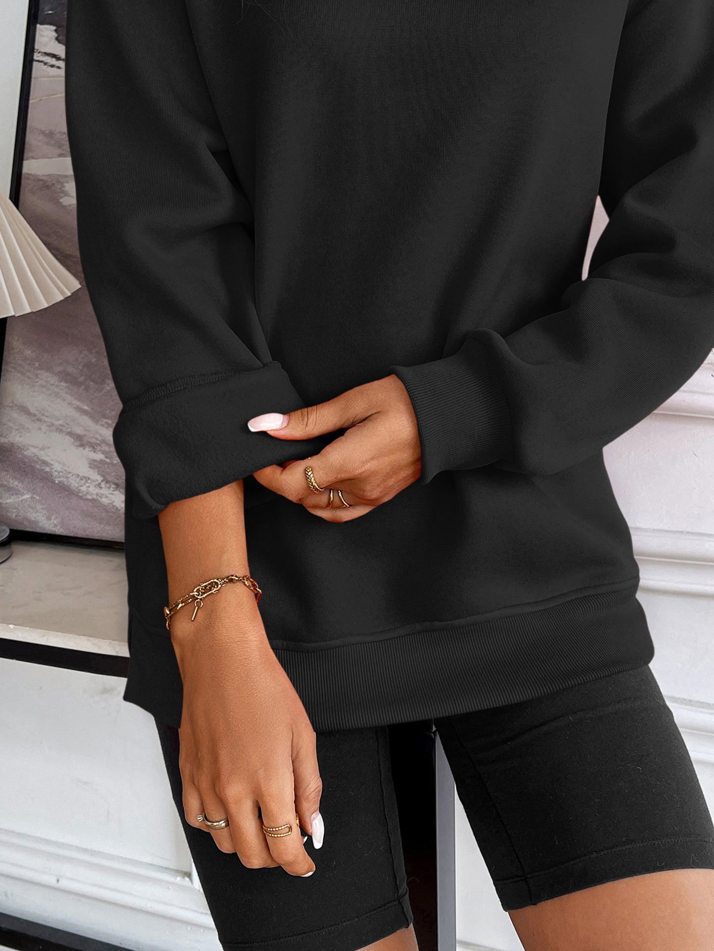 Women Solid Pullover Ribbed Casual Sweatshirt