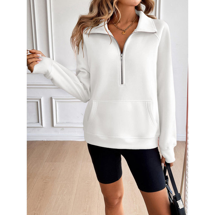 Women Solid Shirt Collar Pullover Sweatshirt