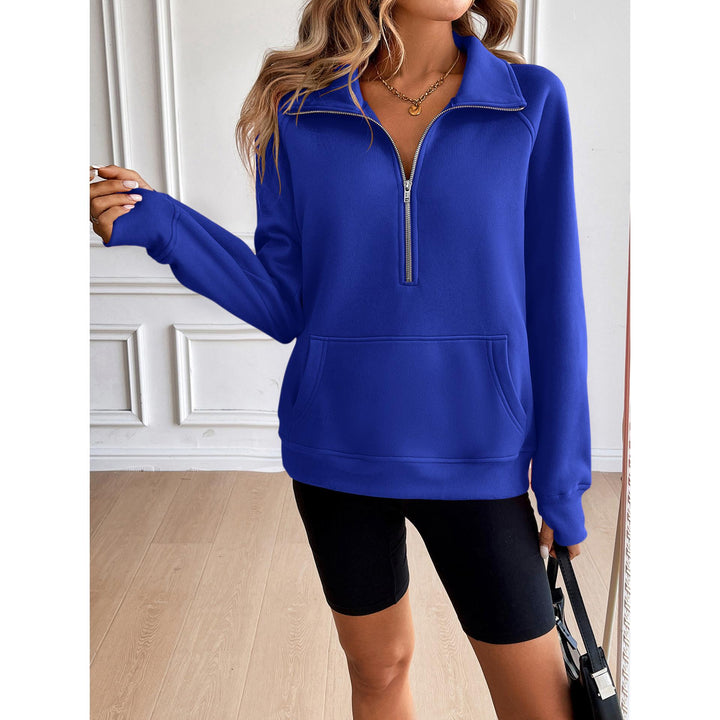 Women Solid Shirt Collar Pullover Sweatshirt