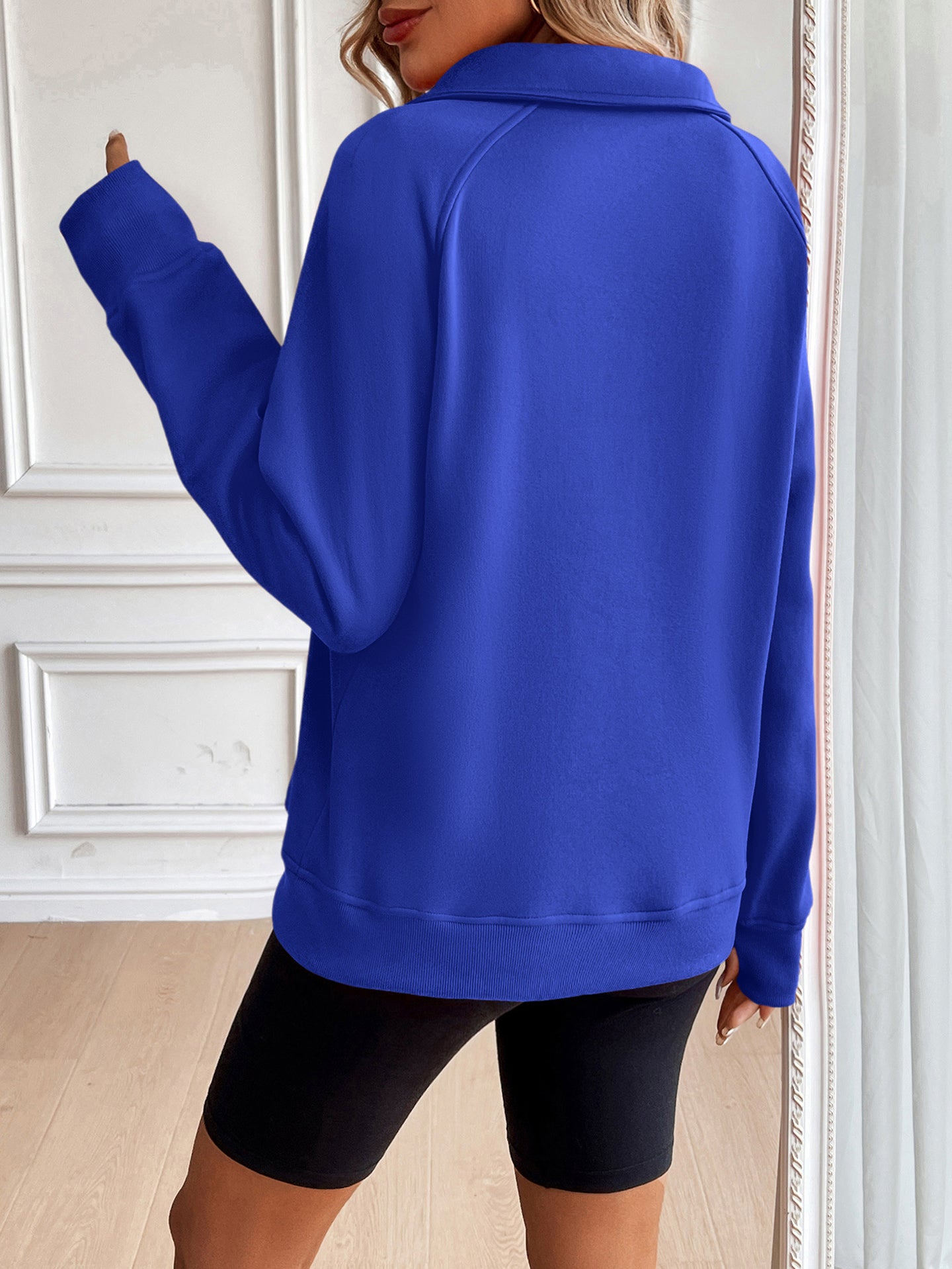 Women Solid Shirt Collar Pullover Sweatshirt