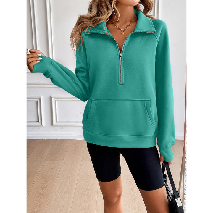 Women Solid Shirt Collar Pullover Sweatshirt