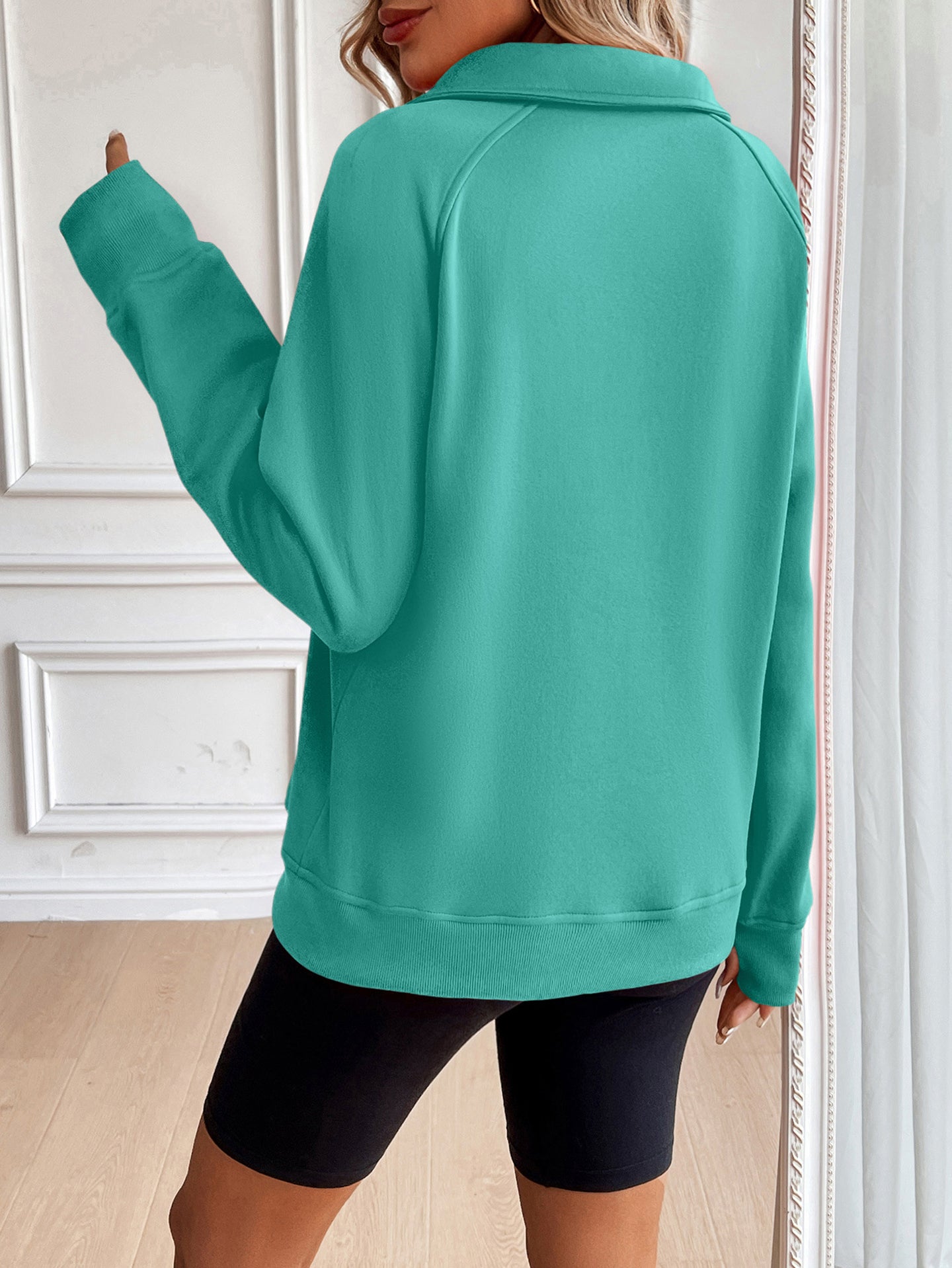 Women Solid Shirt Collar Pullover Sweatshirt