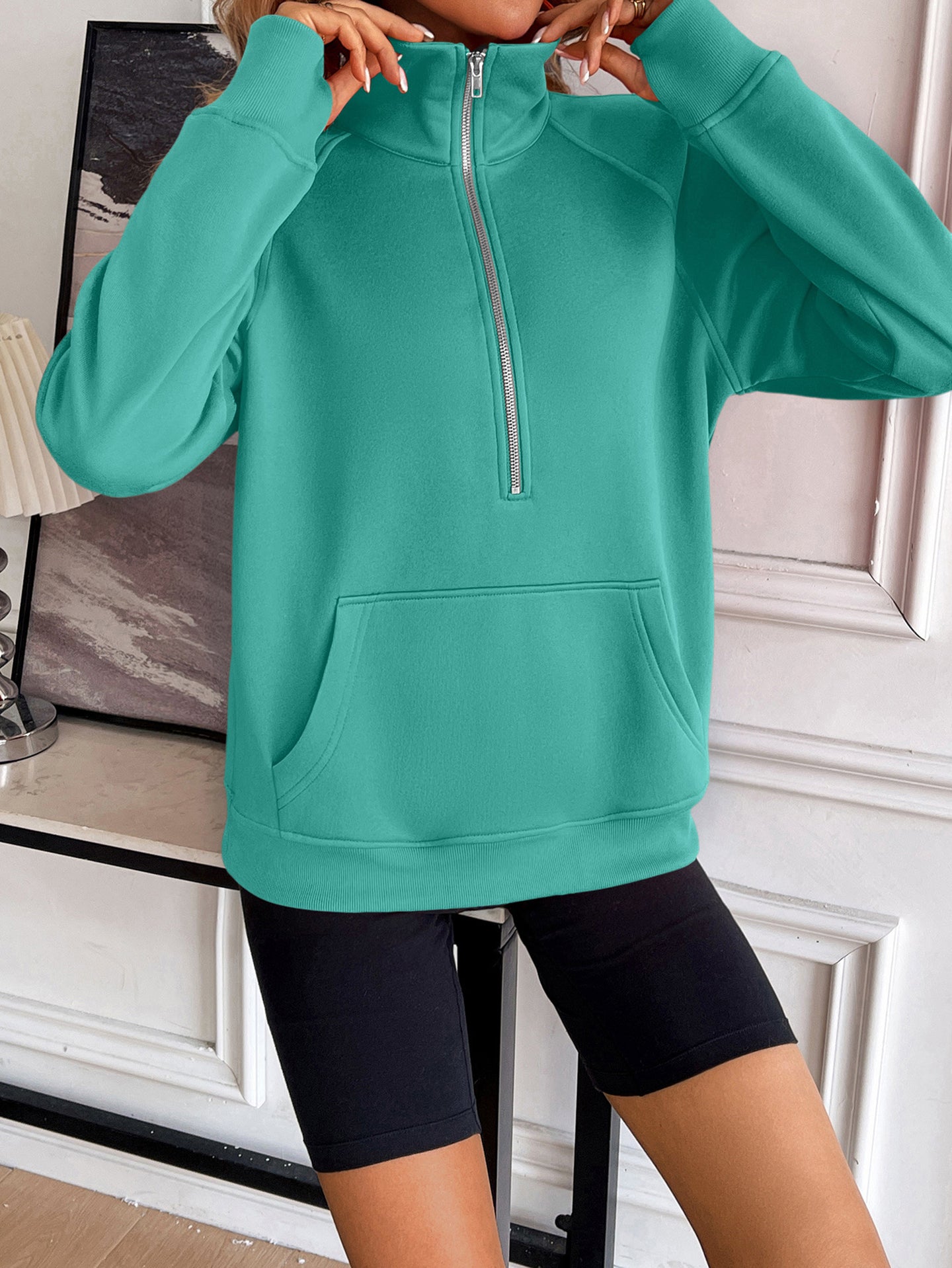 Women Solid Shirt Collar Pullover Sweatshirt