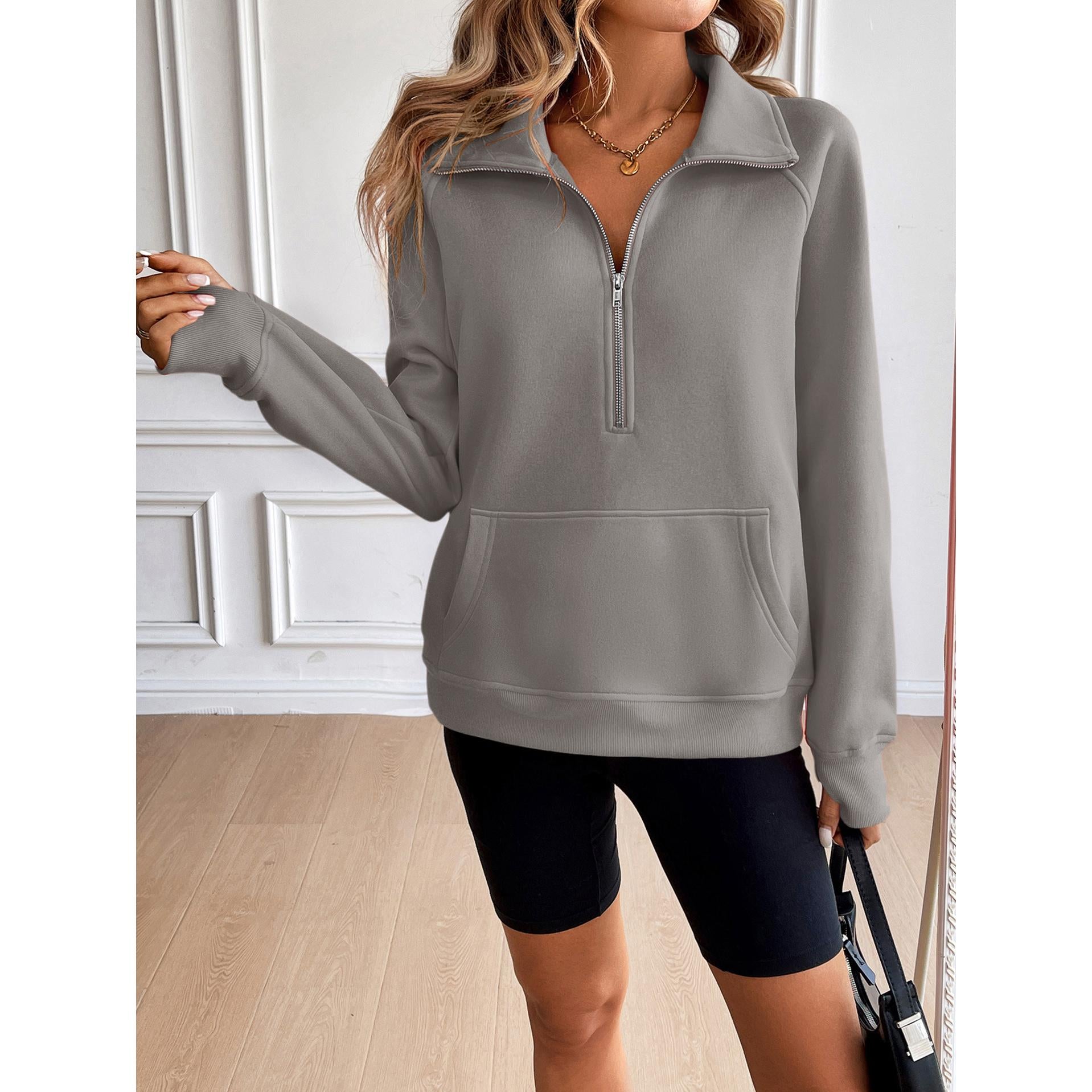 Women Solid Shirt Collar Pullover Sweatshirt