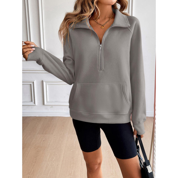 Women Solid Shirt Collar Pullover Sweatshirt
