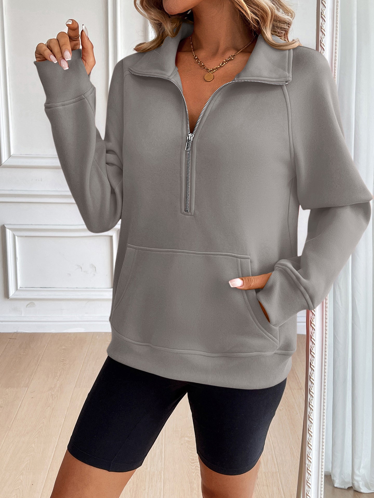 Women Solid Shirt Collar Pullover Sweatshirt