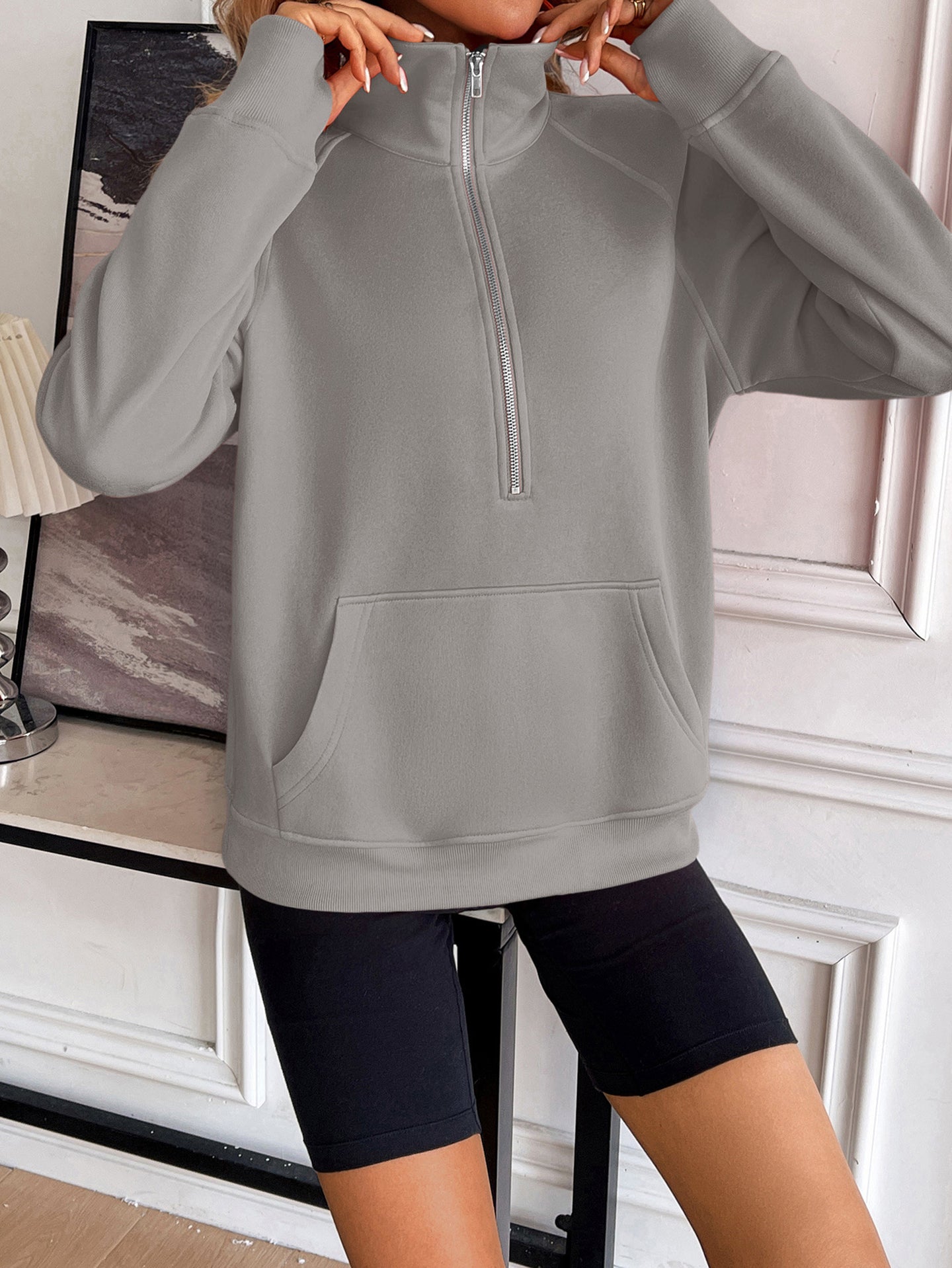 Women Solid Shirt Collar Pullover Sweatshirt