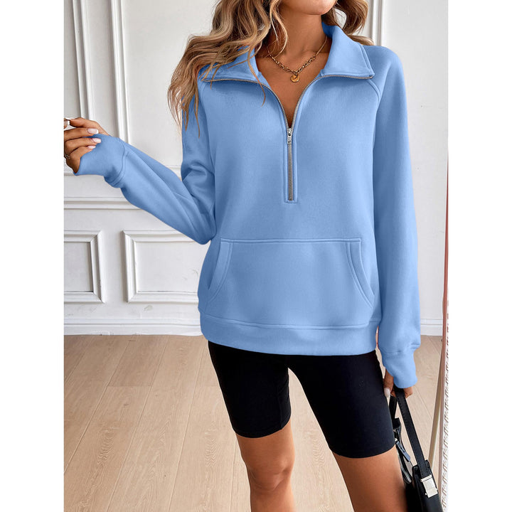 Women Solid Shirt Collar Pullover Sweatshirt
