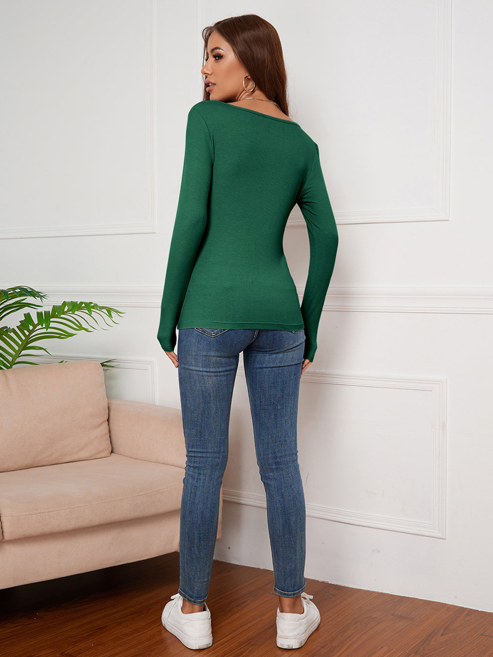 Green V-neck Fitted Top