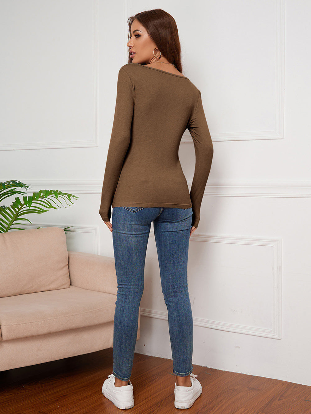 Brown Fitted Long Sleeves Top
