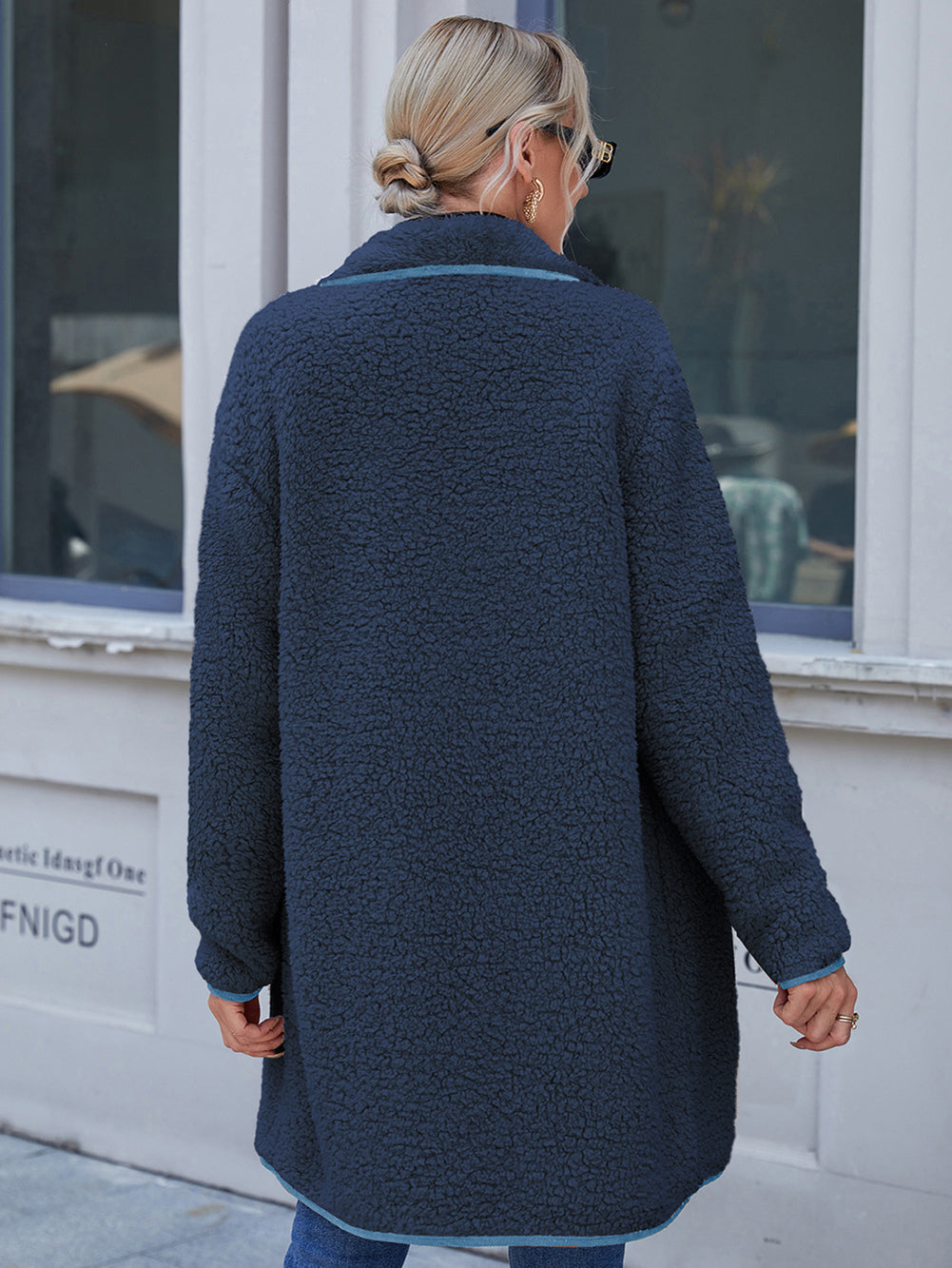 Women Navy Blue Solid Longline Overcoat