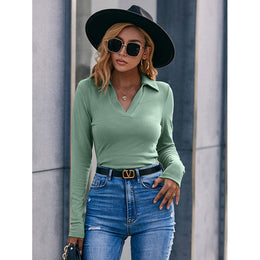 Green Shirt Collar Fitted Top