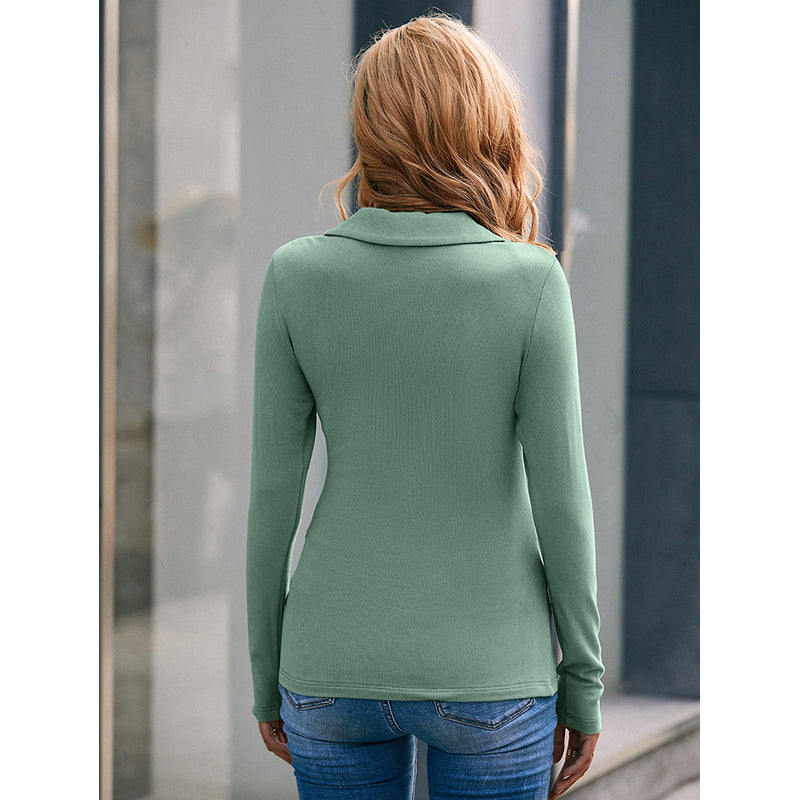 Green Shirt Collar Fitted Top