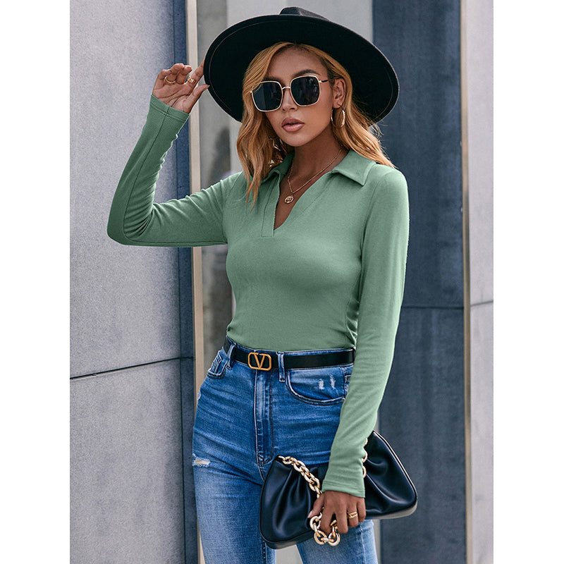 Green Shirt Collar Fitted Top