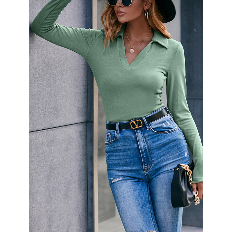 Green Shirt Collar Fitted Top