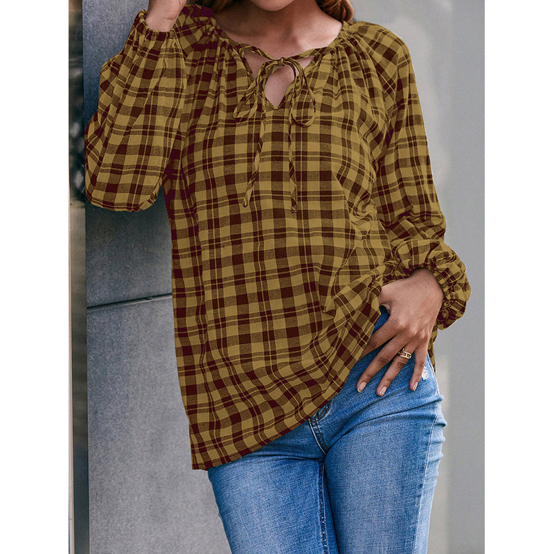Yellow Checked Tie-Up Neck Cuffed Sleeves Top