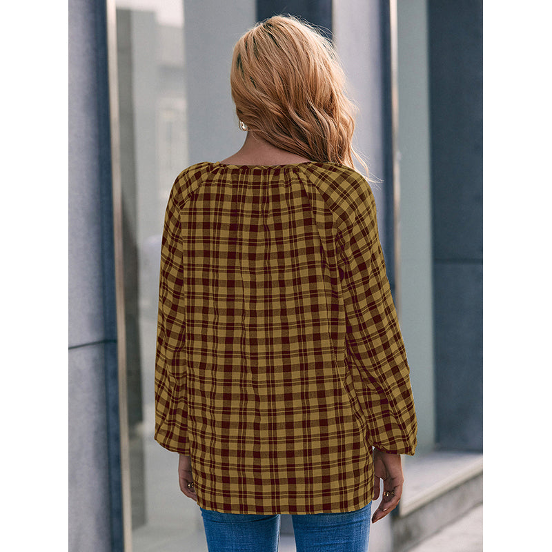 Yellow Checked Tie-Up Neck Cuffed Sleeves Top
