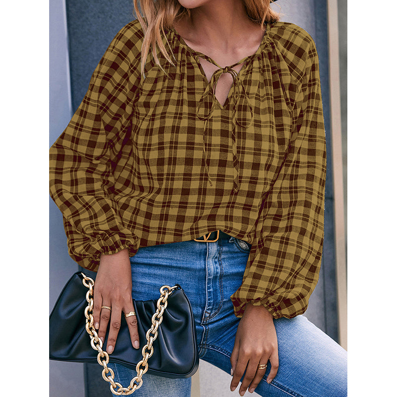 Yellow Checked Tie-Up Neck Cuffed Sleeves Top