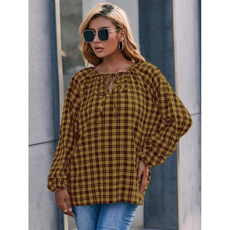 Yellow Checked Tie-Up Neck Cuffed Sleeves Top