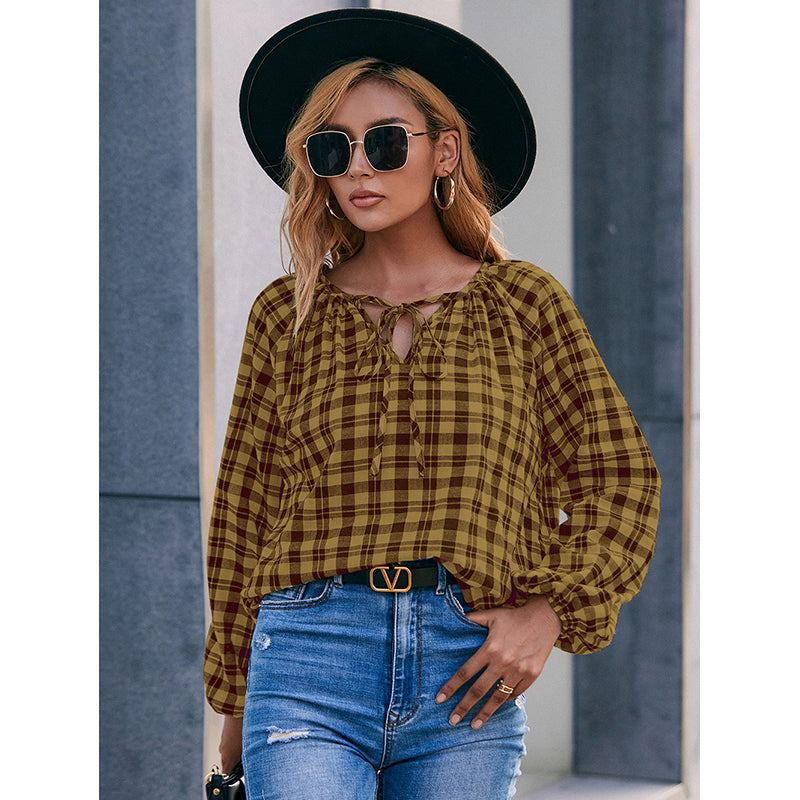 Yellow Checked Tie-Up Neck Cuffed Sleeves Top