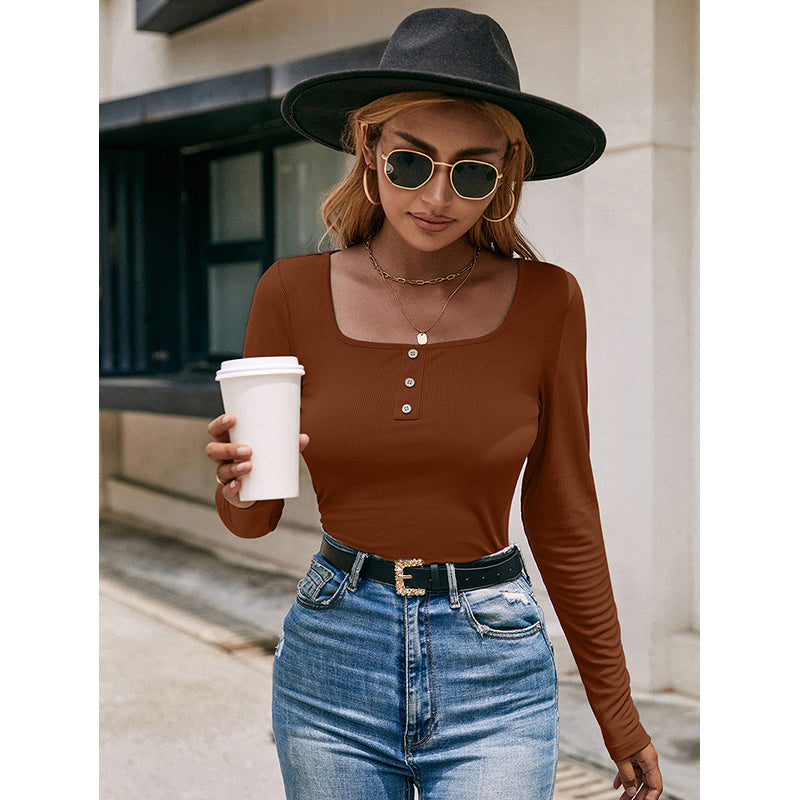 Brown Square Neck Fitted Top