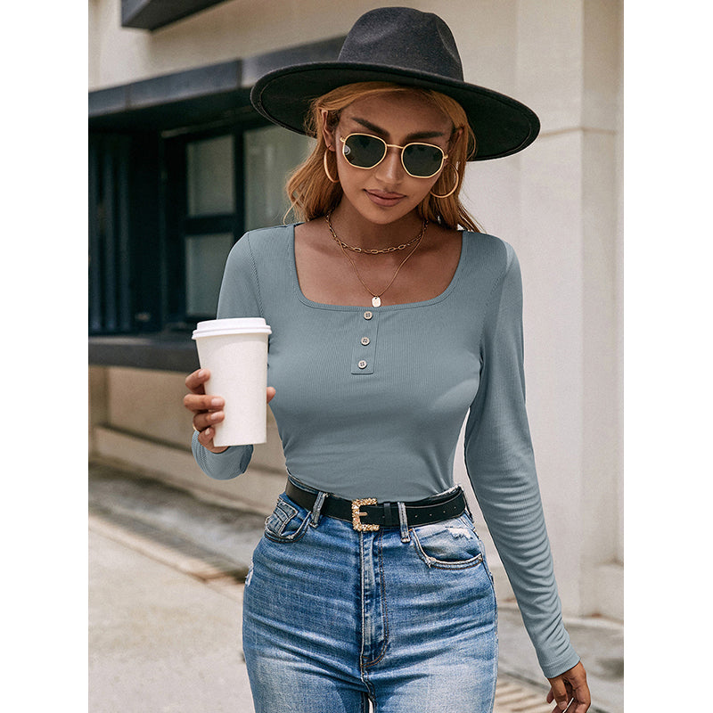 Blue Square Neck Regular Linen Top