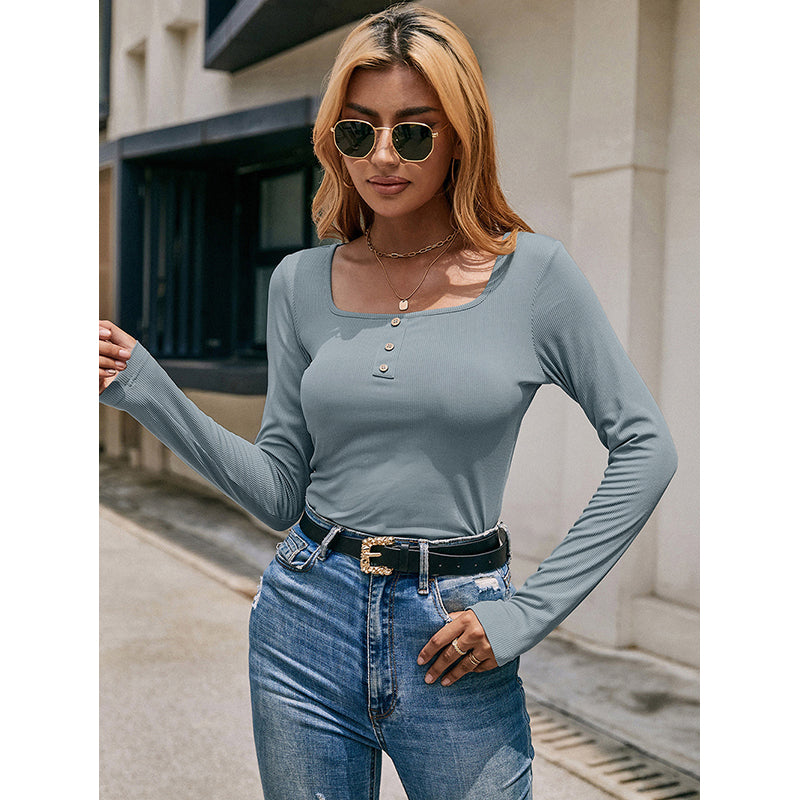 Blue Square Neck Regular Linen Top
